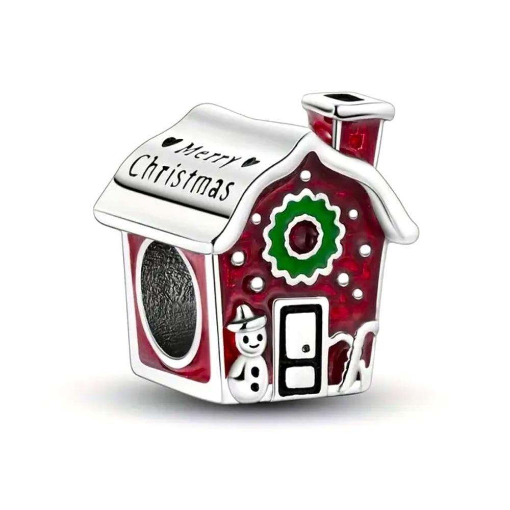 S925 Silver Holiday Gingerbread House Charm with Red and Green Accents - NWT